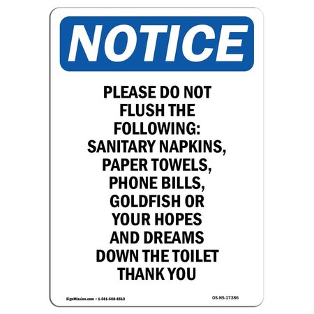 SIGNMISSION Safety Sign, OSHA , 10" Height, Rigid Plastic, Please Do Not Flush The Following Sign, Portrait OS-NS-P-710-V-17386